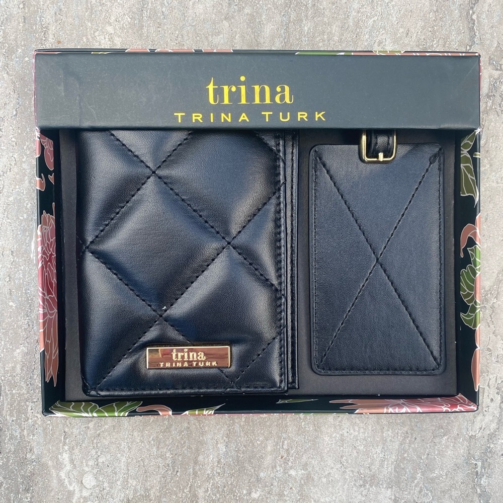 Trina Turk New Black Quilted Wallet and Luggage Tag Gift Set